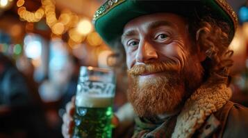 ai generado un duende en un grande verde sombrero bebidas verde cerveza y sonrisas mientras mirando a el cámara foto