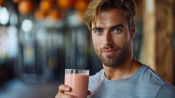 AI generated A handsome, athletic-looking man is holding a glass of smoothie in his hand photo