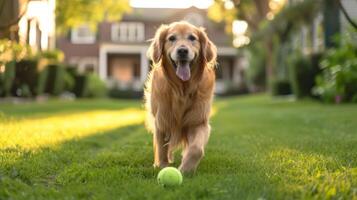 ai generado un dorado perdiguero perro obras de teatro con un verde tenis pelota en el césped cerca un estándar americano casa foto