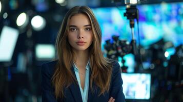 AI generated A young woman in a suit conducts news in the studio on the federal channel photo