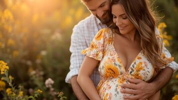 ai generado un hombre abrazos su embarazada hermosa esposa desde detrás en un brillante vestido de verano foto