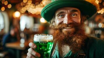 ai generado un duende en un grande verde sombrero bebidas verde cerveza y sonrisas mientras mirando a el cámara foto