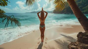 AI generated A young woman does yoga on the ocean shore photo