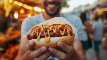 ai generado un sonriente hombre sostiene un grande sabroso caliente perro en su mano foto