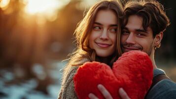 ai generado un hermoso chico da un grande felpa rojo corazón a su amado niña foto