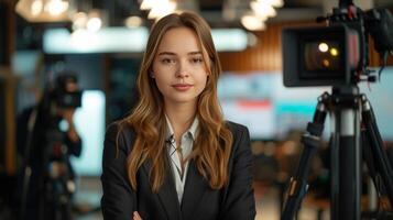 AI generated A young woman in a suit conducts news in the studio on the federal channel photo