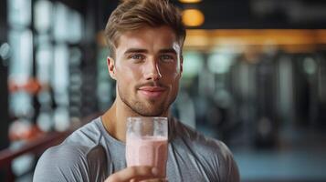 AI generated A handsome, athletic-looking man is holding a glass of smoothie in his hand photo