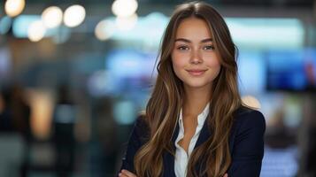 AI generated A young woman in a suit conducts news in the studio on the federal channel photo