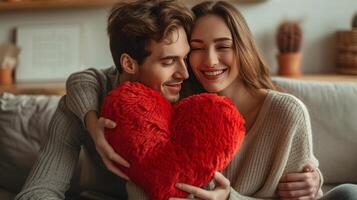 ai generado un hermoso chico da un grande felpa rojo corazón a su amado niña foto