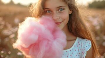 AI generated A girl holds a large pink cotton candy in her hands photo