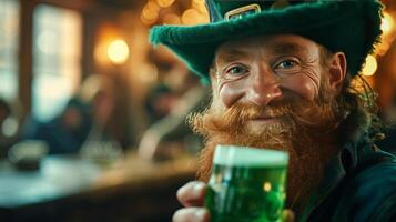 ai generado un duende en un grande verde sombrero bebidas verde cerveza y sonrisas mientras mirando a el cámara foto