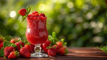 AI generated A glass with strawberry compote stands on a wooden table next to it photo