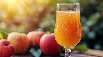 ai generado un vaso con manzana compota soportes en un de madera mesa siguiente a él, manzanas mentira en el antecedentes foto