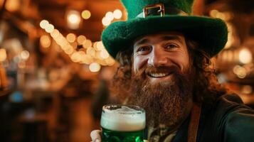 ai generado un duende en un grande verde sombrero bebidas verde cerveza y sonrisas mientras mirando a el cámara foto