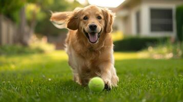 ai generado un dorado perdiguero perro obras de teatro con un verde tenis pelota en el césped cerca un estándar americano casa foto