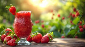 AI generated A glass with strawberry compote stands on a wooden table next to it photo