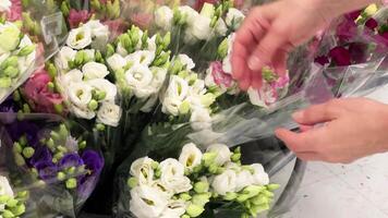 detailopname van vrouw handen kiezen een boeket van bloemen in een op te slaan. bloem arrangement voor een feestelijk humeur. helder boeketten voor een viering in een boodschappen doen centrum. video