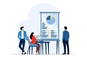 Concept of planning business strategy. The characters work in home offices and co-working spaces. analyzing financial charts People talking with colleagues, Vector illustration.