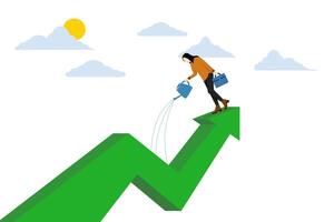 Thriving business concept, happy businessman pouring water carefully to grow company growth arrow, investment growth or prosperity, growth or accumulation of wealth, asset price increase concept. vector