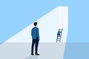 Concept of hope to solve problems, businessman climbing stairs towards exit shining bright. challenge to overcome difficulties or courage to run away for freedom, hope to overcome fear concept. vector