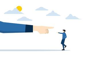 Employee conflict direction concept, small businessman standing in front of giant hands pointing in opposite directions. argument between colleagues, agree or oppose paths, decision problem concept. vector
