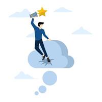 Concept of Turning dreams into reality, businessman with success trophy jumping from thought bubble to reality. creative for success, ideals, motivation to think big and achieve business goals. vector