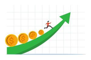 Income and investment concept, fund manager running with money leading coin running graph, stock market growth or fund flow depending on interest rates and inflation concept. vector