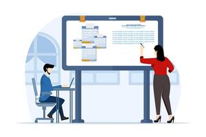 Concept of planning business strategy. The characters work in home offices and co-working spaces. analyzing financial charts People talking with colleagues, Vector illustration.