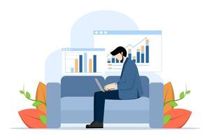 Analysis concept in business. Character sitting on sofa with laptop doing analysis. planning business strategy, analyzing financial charts, Flat Vector illustration on a white background.