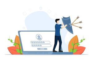 Cyber attack protection, strong businessman holding a shield to protect from a big arrow attacking his computer, protecting from internet hackers, computer security system or privacy firewall concept. vector