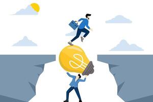 Teamwork concept, Businessman holding a light bulb bridging the gap for partners walking across the cliff, business support and teamwork concept. flat vector illustration on white background.