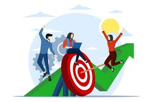 Teamwork Concept, common goal Business team carrying big arrow towards goal. Metaphor for a common goal. The leader leads the team towards a common goal concept. flat vector illustration.