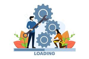 Work in progress concept, project management concept, team with gear box mechanism and loading indicator scale, business people working together to make business progress. vector illustration.