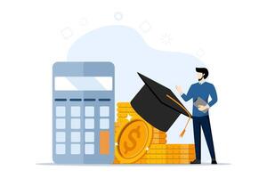 Student loan calculation concept, graduate student standing with mortarboard hat calculator, education budget allocation, university fees and debt repayment or scholarship repayment concept. vector