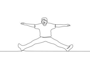 man smiling in cross split jump - one line drawing vector. the concept of a limb to the side, a high jump on a trampoline, an acrobatic jump vector