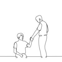 man standing stretching out his hand to sitting on the floor or ground - one line drawing vector. concept of helping those in need, helping loved ones, compassion and empathy vector