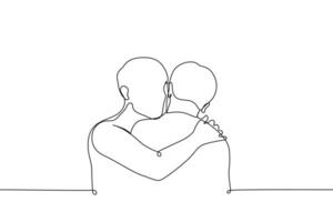 hombre abrazando otro - uno línea dibujo vector. concepto skinship, fraternidad, apoyo, cuidado y amor vector