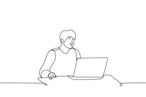 man sitting at the computer - one line drawing vector. concept freelancer or gamer vector