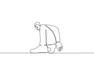 man knelt down with one leg sticking out foot close up of foot - one line drawing vector. concept an unusual angle for a portrait photo,  demonstration of sneakers, shoes vector