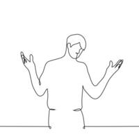 hombre untado su brazos a el lados - uno línea dibujo vector. concepto distraído, confundido, abierto a abrazos vector