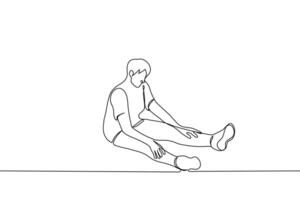 man sits on the floor with his hands on his kneecaps - one line drawing vector. fatigue concept vector