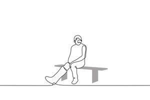 man with a cast on his right leg sadly sits alone on a bench - one line drawing vector. concept an injured athlete sits idle, a man with a broken leg on which a plaster vector