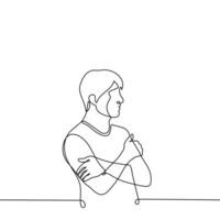 man stands with his hands hugging his shoulders - one line drawing vector. male profile portrait. the concept of self-rescue, self-complacency, insecurity, cold vector