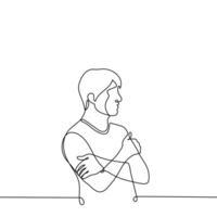 man stands with his hands hugging his shoulders - one line drawing vector. male profile portrait. the concept of self-rescue, self-complacency, insecurity, cold vector