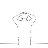 man grabbed his head with both hands while standing with his back to the viewer - one line drawing vector. concept shock or despair vector