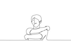 man hugging himself - one line drawing vector. concept self help, self rescue, self reflection, help yourself vector