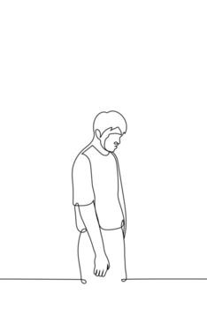 man standing with slumped shoulders and frustrated - one line drawing vector. concept confused, tired, indecisive, devastated, sad, depressive vector
