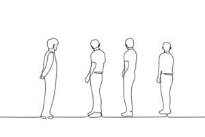 group of men standing and looking in one direction - one line drawing vector. concept attracting the attention of the crowd, male audience, friends watching something vector