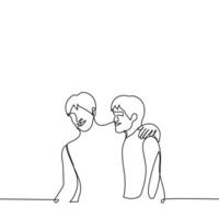 friends laugh and smile hugging - one line drawing vector. concept friends have fun vector