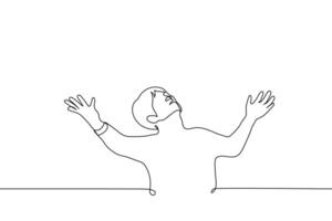 man raised his hands and face to the sky - one line drawing vector. concept prayer, despair vector